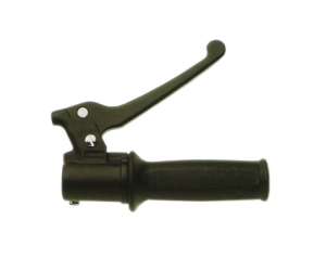 Domino Comando gas ciclomotore con borchie svasate. Comleto di leva in resina acetalica e manopola Materiale: Alluminio Finitura Supporto: Verniciato nero
