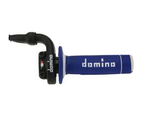Domino comando gas off road crossenduro Mod. KRE 03 RAPIDO - Desmodromico - Con manopola bilcolore BluBiancaMateriale: AlluminioNero. 2 cavi pushpull RapiditÃ : 2,6 °mm Corsa Max: 45 mm