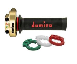 Comando gas Domino oro verniciato in alluminio con manopole mod A010 nero/rossa con tre ghiere Verde, Bianca e Rossa 3846.03-01