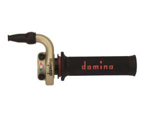 Domino comando gas rapido off road crossenduro Mod. KKR 03 RAPIDO - Desmodromico, con manopola bicole NeroRossa.Materiale: AlluminioOro.2 cavi pushpull RapiditÃ : 2,6 °mm Corsa Max: 45 mm