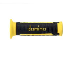 Domino COPPIA MANOPOLE MODELLO TURISMO IN GOMMA BICOLORE ANTRACITE / GIALLO PER MOTO STRADALI / SCOOTER Lunhezza: 120 mm