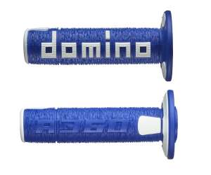 Domino COPPIA MANOPOLE IN GOMMA SCRITTA DOMINO GRANDE MODELLO A360 IN GOMMA BICOLORE BLU / BIANCO PER MOTO OFF ROAD CROSS / ENDURO Lunghezza: 120 mm