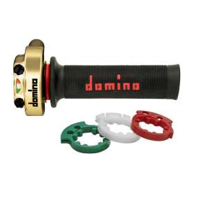 Comando gas Domino oro verniciato in alluminio con manopole mod A010 nero/rossa con tre ghiere Verde, Bianca e Rossa 3846.03-01