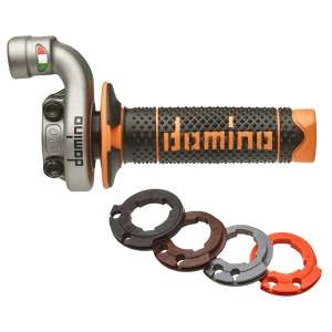 Domino comando gas off road crossenduro per Offroad 4T dal 2016, Adatto a cavi originali, Completo di Manpola bicolore NeroArancio, Con quattro ghiereMateriale: Alluminio Grigio. 2 cavi pushpull RapiditÃ  (Ghiera Grigia): 3,0 °mm Corsa Max (Ghiera Grigia)
