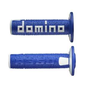 Domino COPPIA MANOPOLE IN GOMMA SCRITTA DOMINO GRANDE MODELLO A360 IN GOMMA BICOLORE BLU / BIANCO PER MOTO OFF ROAD CROSS / ENDURO Lunghezza: 120 mm