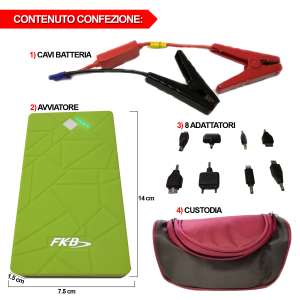 FKB avviatore batteria auto tascabile al Litio di emergenza per automobili benzina diesel / moto: 12 V multifunzione Capacita: 6900 mAh Max power ( max 3 s ) 300 A , Presa USB 5V / 2A, 1 porta USB, 1 porta USB Type-C, Led Flashlight, funzione torcia con 3